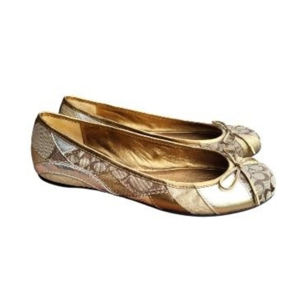 Shoes - Coach Ariell Patchwork Monogram Signature Gold Flat Ballet Slip On Shoe Women 9